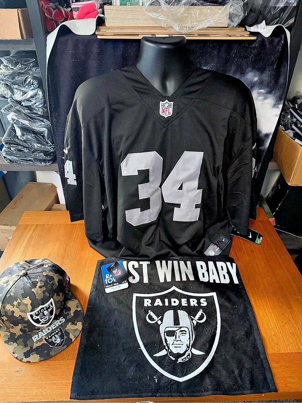 Raiders Bo Jackson 34 jersey camouflage cap and just win baby rally towel bundle